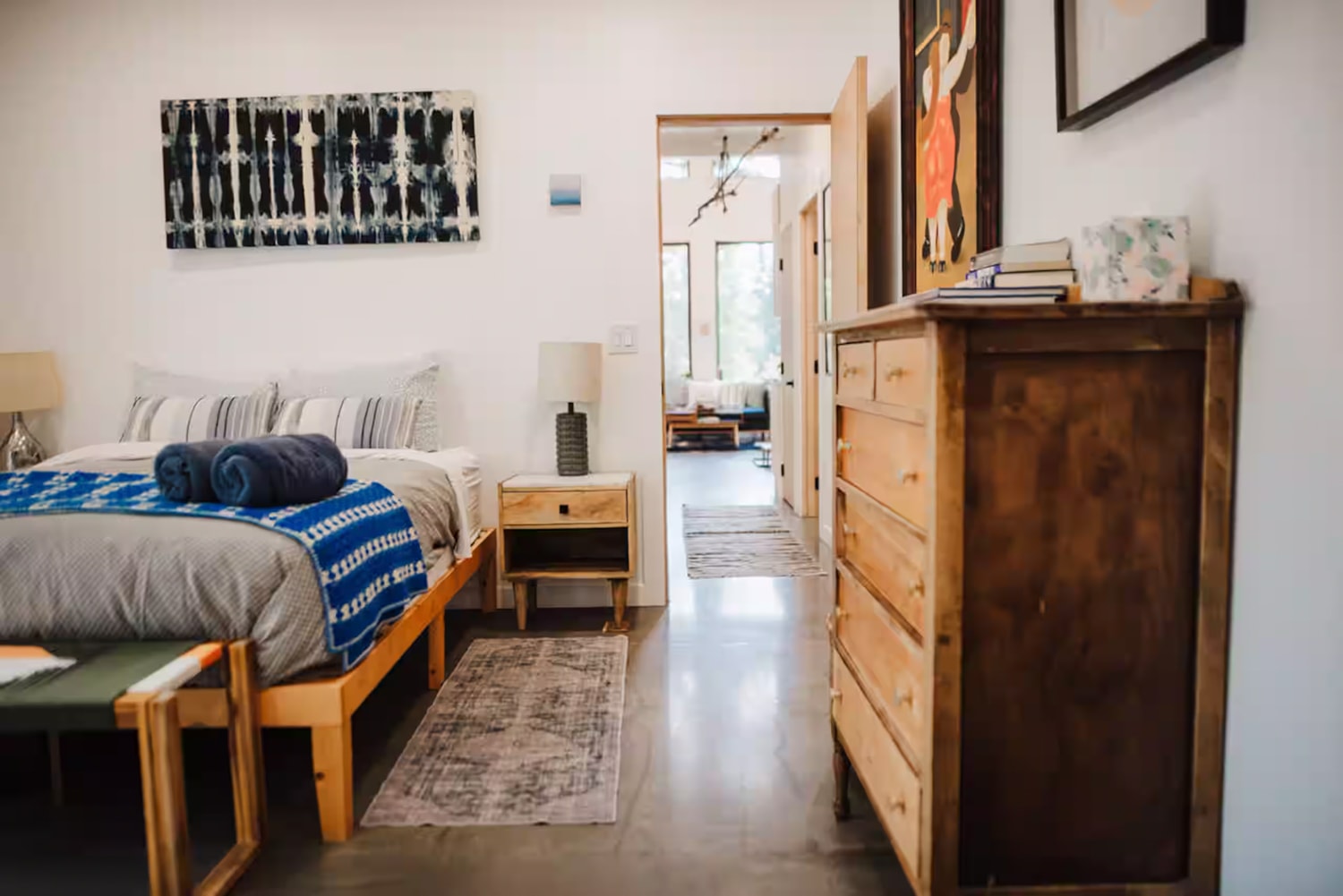 Master bedroom with linen bedding