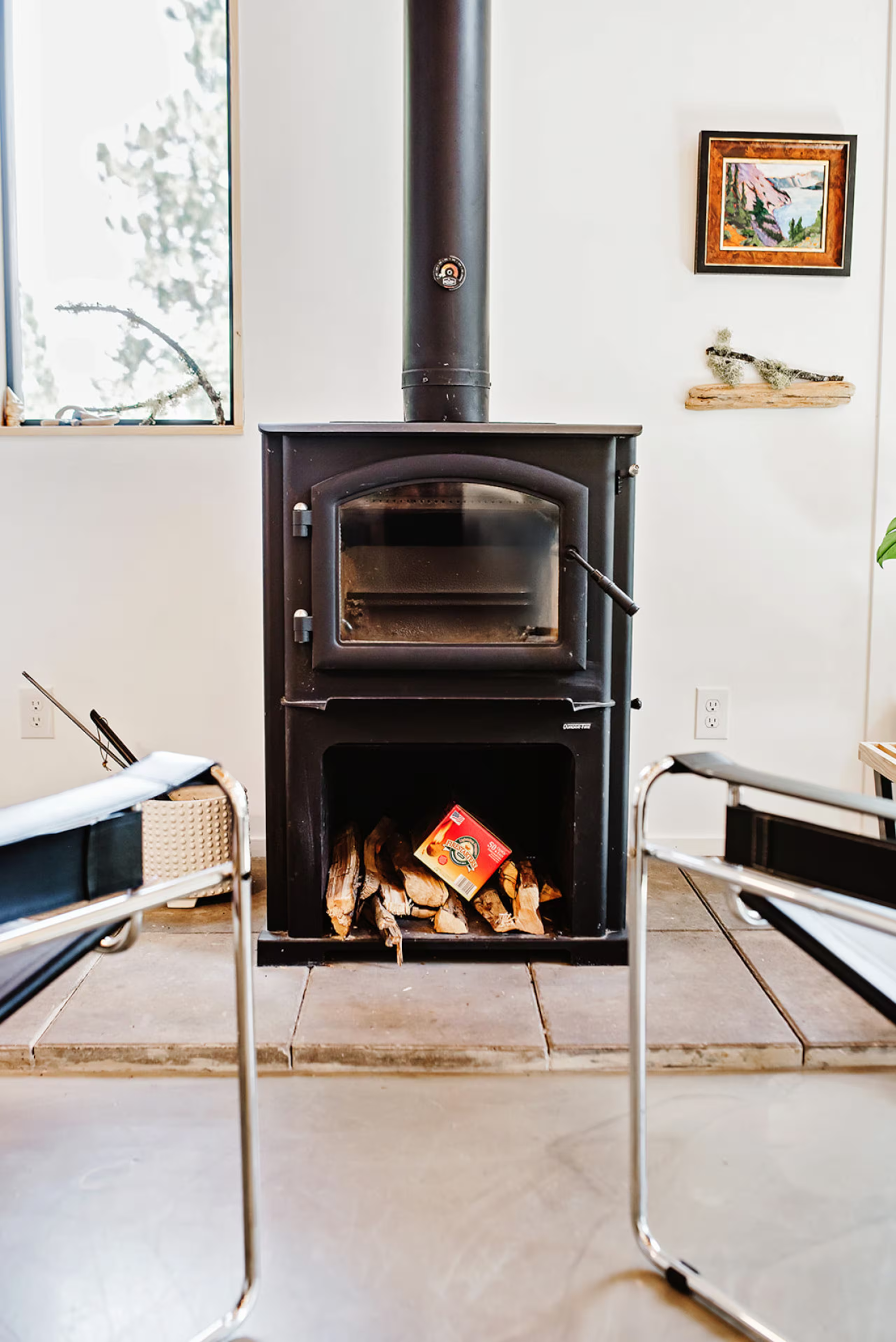 Wood-burning fireplace in the cabin