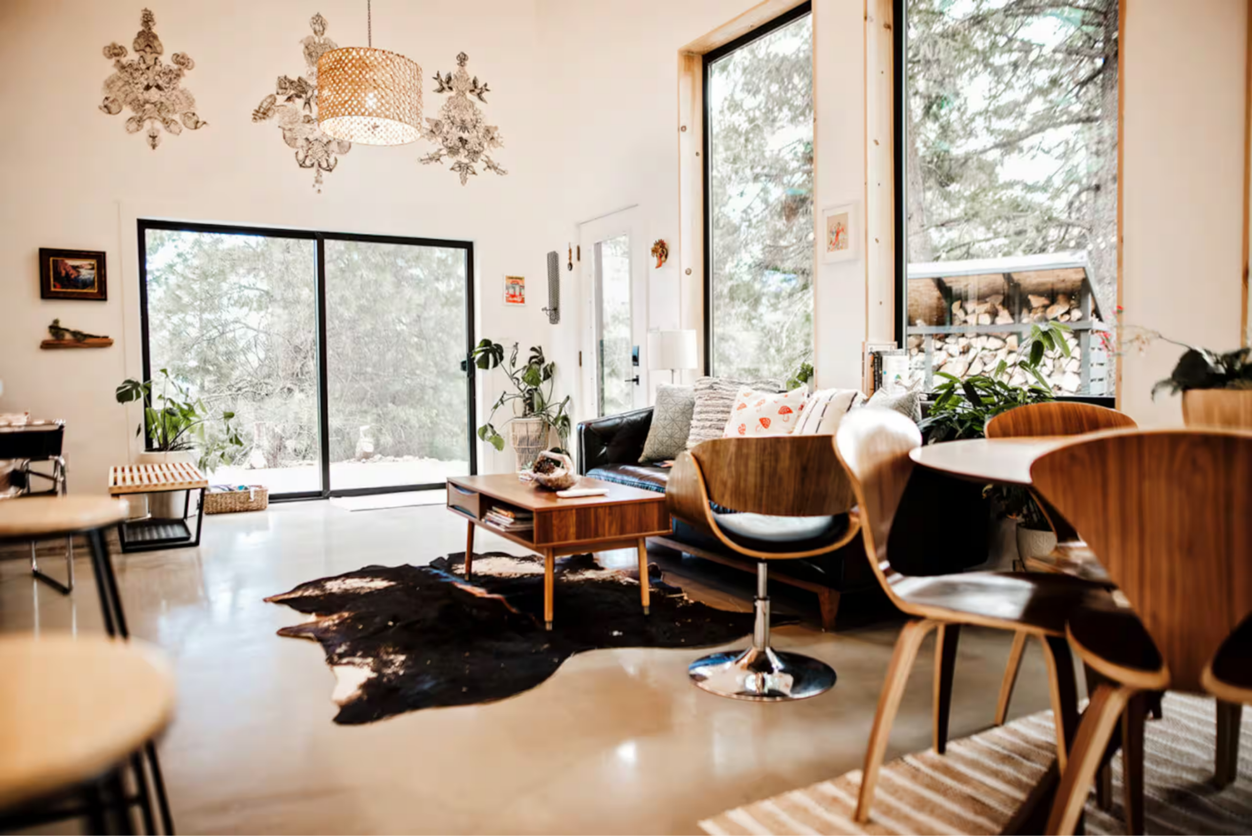 Cozy cabin interior with warm wood beams